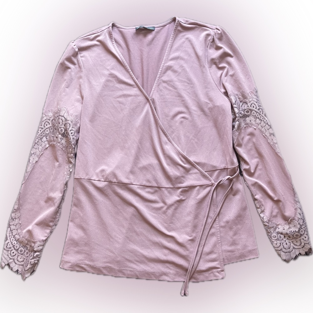 Mauve Wrap Blouse with Lace Sleeves